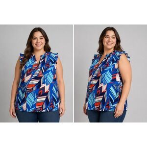 Rose Olive Women Blouse XL Blue Red Abstract Sleeveless Ruffle Resort Coastal